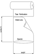 Bag on roll diagram showing tear perforation, weld line, opening, and width specifications