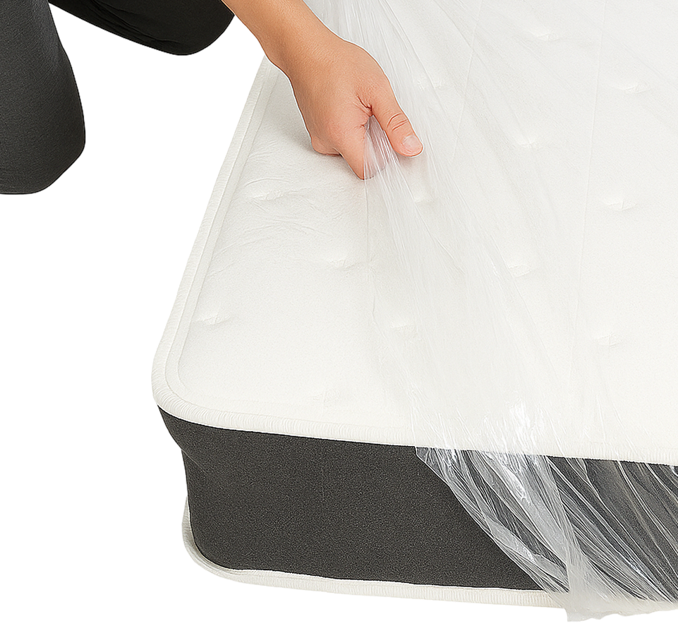 Matelas enveloppé dans un sac de protection en polyéthylène pour l’entreposage et le transport