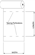 Sheet on roll diagram showing width and length dimensions with tearing perforations